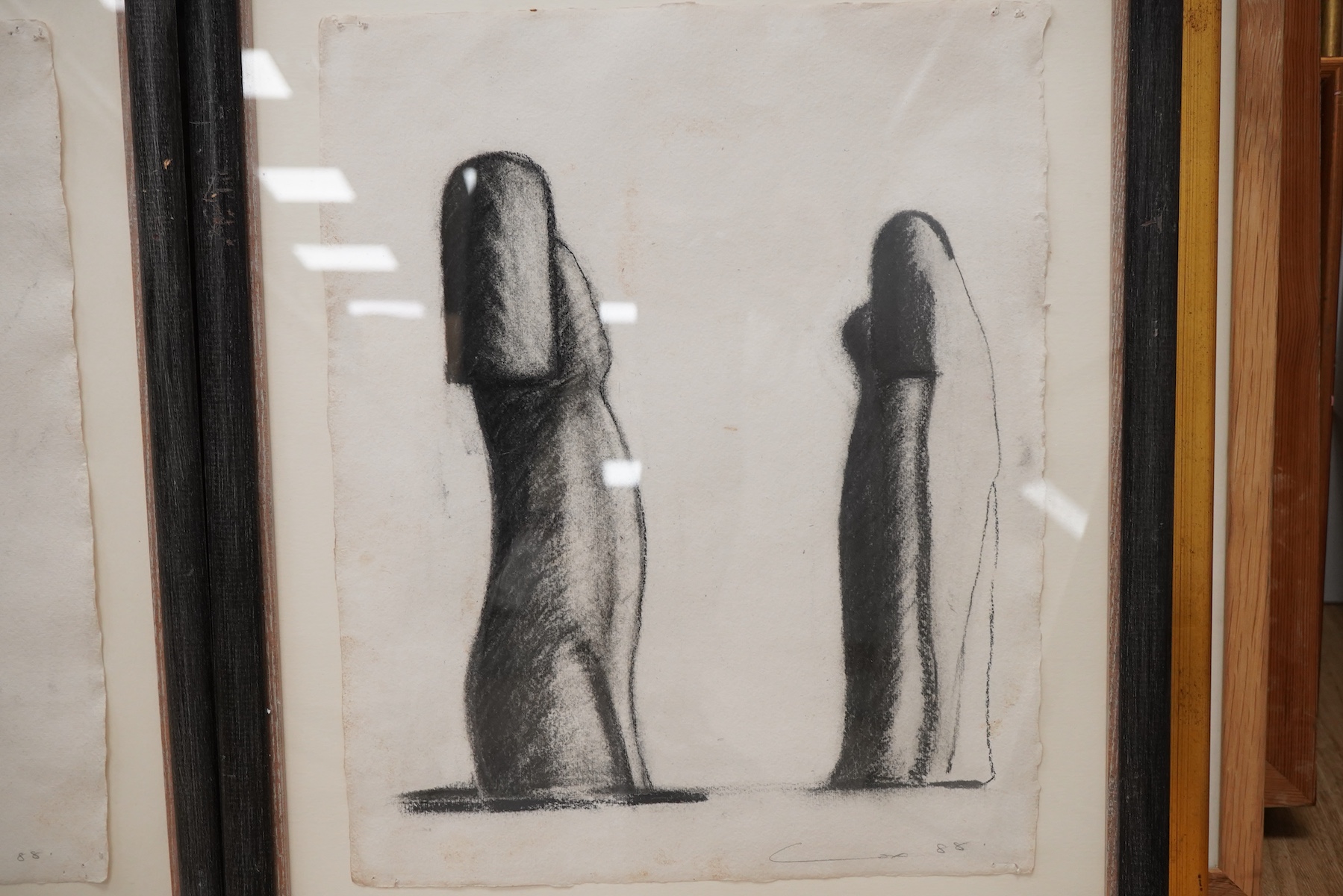 Stephen Cox (b.1946), Abstract studies for a sculpture, signed and dated '88, pair of charcoal sketches on paper, for the Ganapathi and Devi series, 38 x 30cm